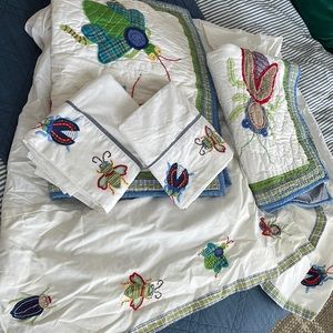 Pottery Barn twin bed skirt, 2 standard pillow cases, and two standard shams